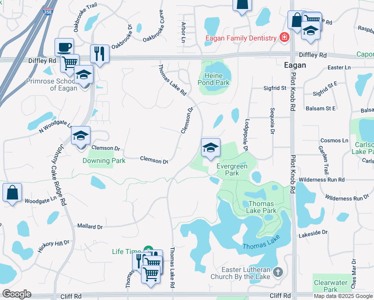map of restaurants, bars, coffee shops, grocery stores, and more near 1554 Clemson Drive in Eagan