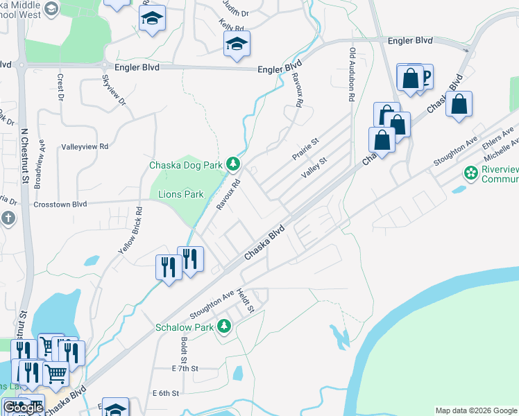 map of restaurants, bars, coffee shops, grocery stores, and more near 1406 State Street in Chaska