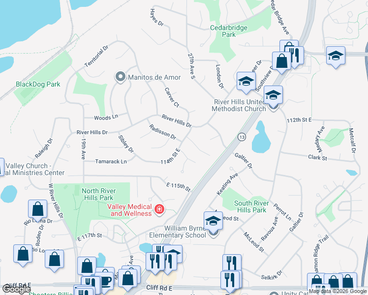 map of restaurants, bars, coffee shops, grocery stores, and more near 11401 Christansen Court in Burnsville
