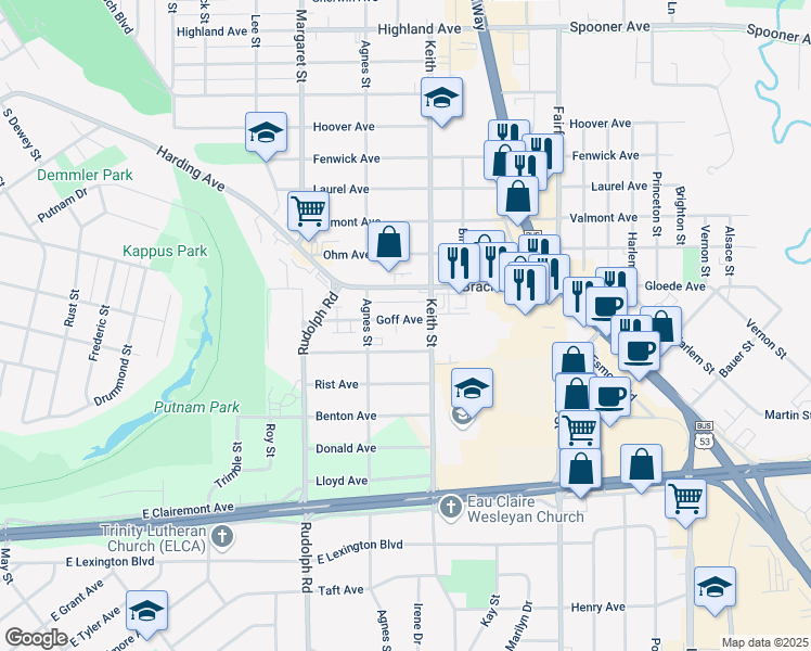map of restaurants, bars, coffee shops, grocery stores, and more near 1903 Goff Avenue in Eau Claire