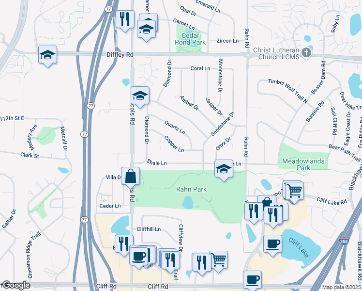 map of restaurants, bars, coffee shops, grocery stores, and more near 2048 Quartz Lane in Eagan