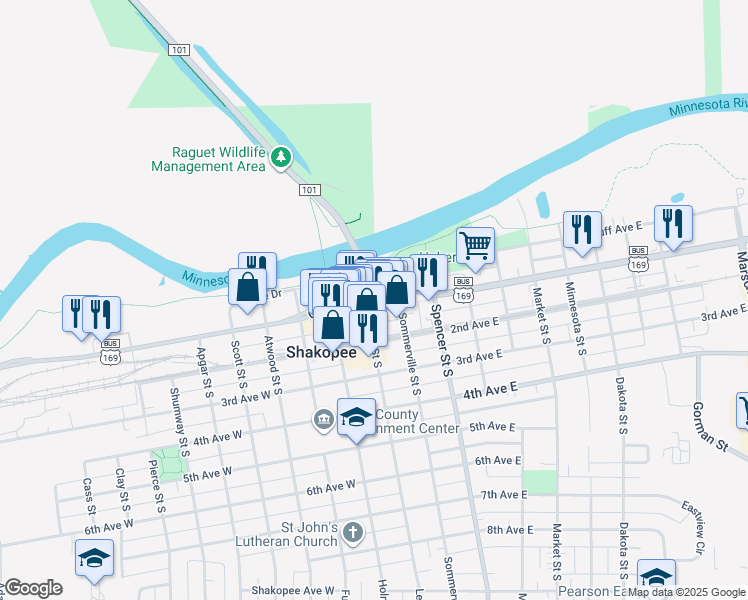 map of restaurants, bars, coffee shops, grocery stores, and more near 225 1st Avenue East in Shakopee