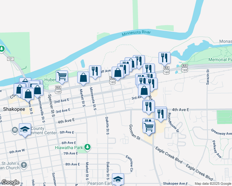 map of restaurants, bars, coffee shops, grocery stores, and more near 1014 2nd Avenue East in Shakopee