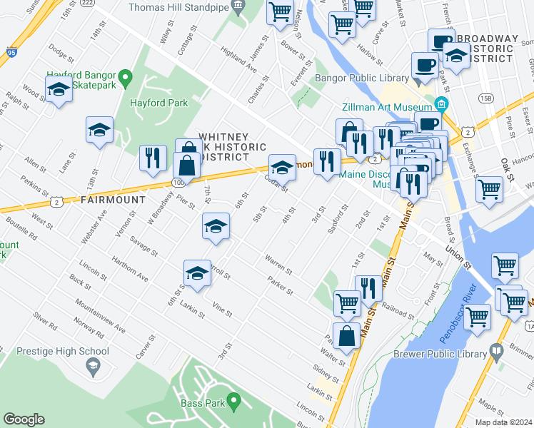 map of restaurants, bars, coffee shops, grocery stores, and more near 68 5th Street in Bangor
