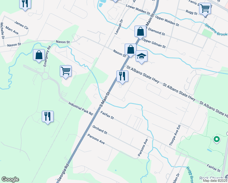 map of restaurants, bars, coffee shops, grocery stores, and more near 229 South Main Street in Saint Albans City