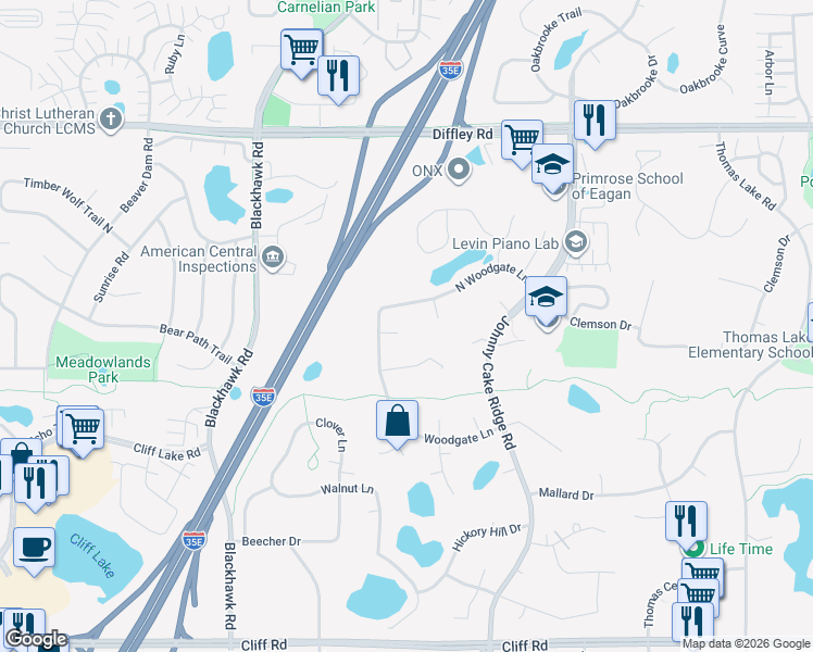 map of restaurants, bars, coffee shops, grocery stores, and more near 1753 Canvasback Lane in Eagan