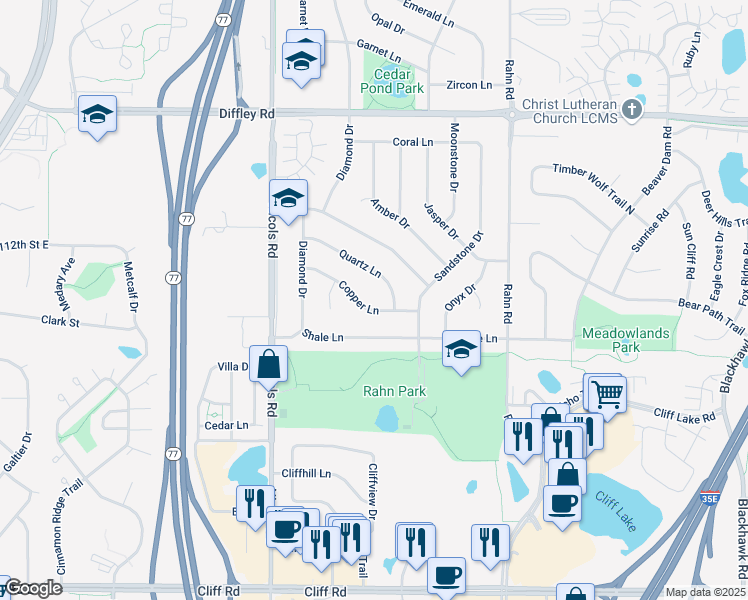 map of restaurants, bars, coffee shops, grocery stores, and more near 2048 Quartz Lane in Eagan