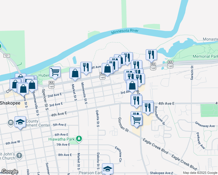 map of restaurants, bars, coffee shops, grocery stores, and more near 1014 2nd Avenue East in Shakopee