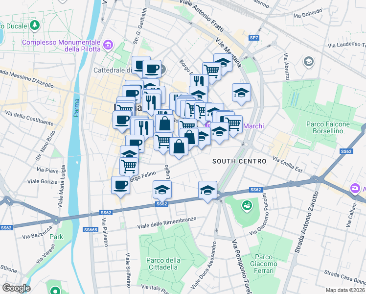 map of restaurants, bars, coffee shops, grocery stores, and more near 24 Borgo Onorato in Parma