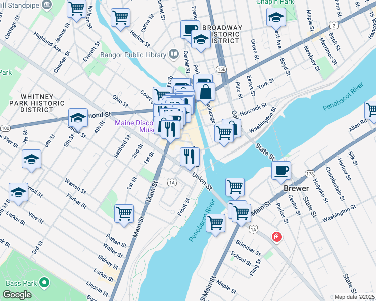 map of restaurants, bars, coffee shops, grocery stores, and more near 23 Water Street in Bangor