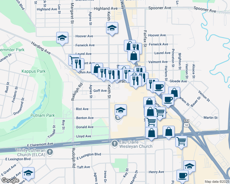 map of restaurants, bars, coffee shops, grocery stores, and more near 1903 Keith Street in Eau Claire