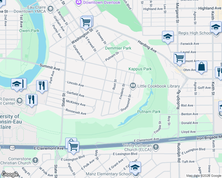 map of restaurants, bars, coffee shops, grocery stores, and more near 524 Lincoln Avenue in Eau Claire