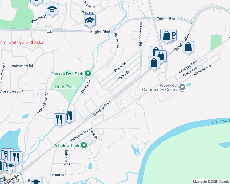 map of restaurants, bars, coffee shops, grocery stores, and more near 1209 Parallel Street in Chaska