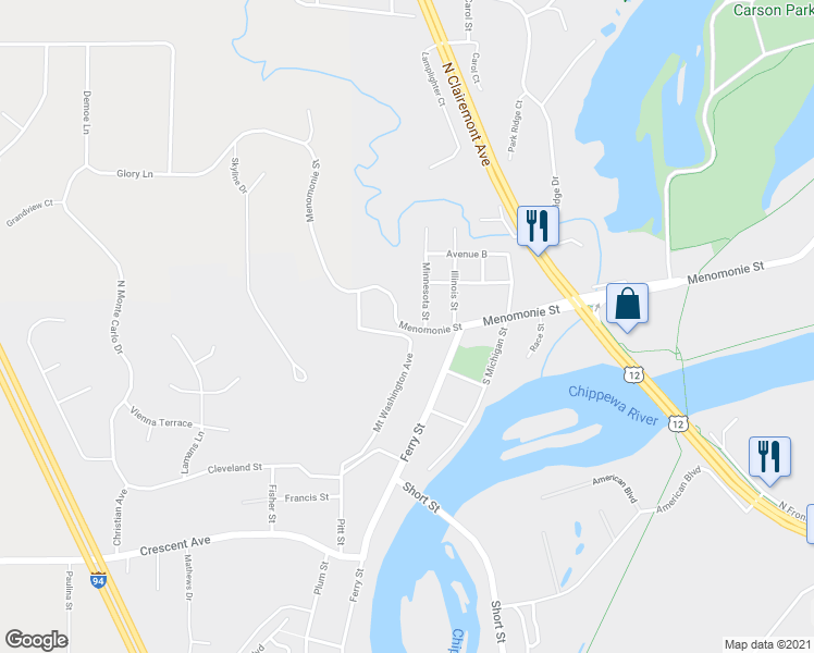 map of restaurants, bars, coffee shops, grocery stores, and more near 1704 Menomonie Street in Eau Claire