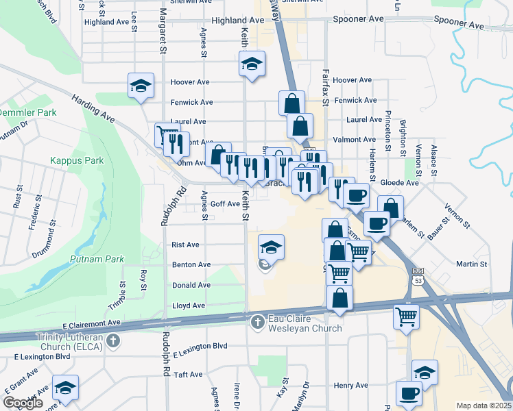 map of restaurants, bars, coffee shops, grocery stores, and more near 1903 Keith Street in Eau Claire