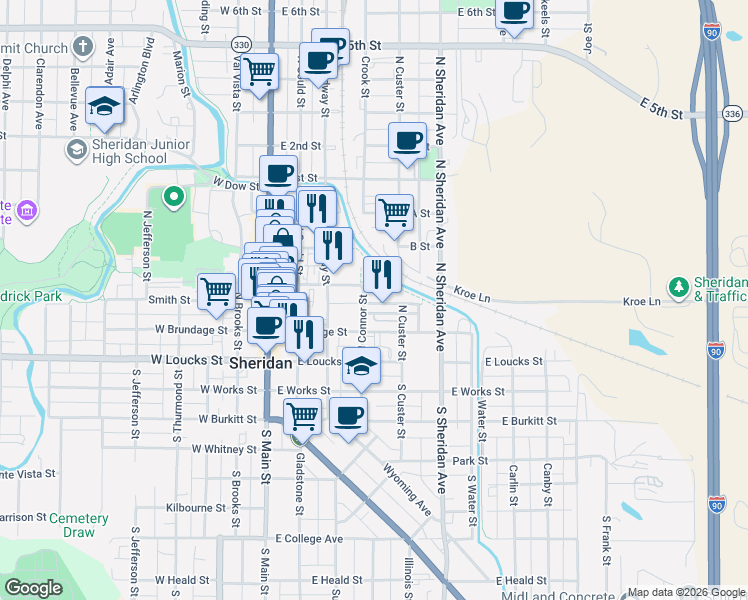 map of restaurants, bars, coffee shops, grocery stores, and more near 165 North Connor Street in Sheridan