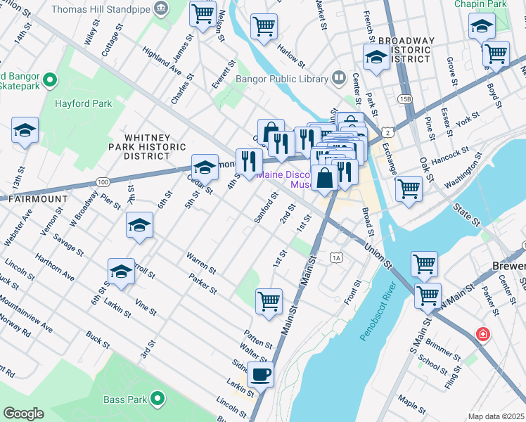 map of restaurants, bars, coffee shops, grocery stores, and more near 36 Sanford Street in Bangor