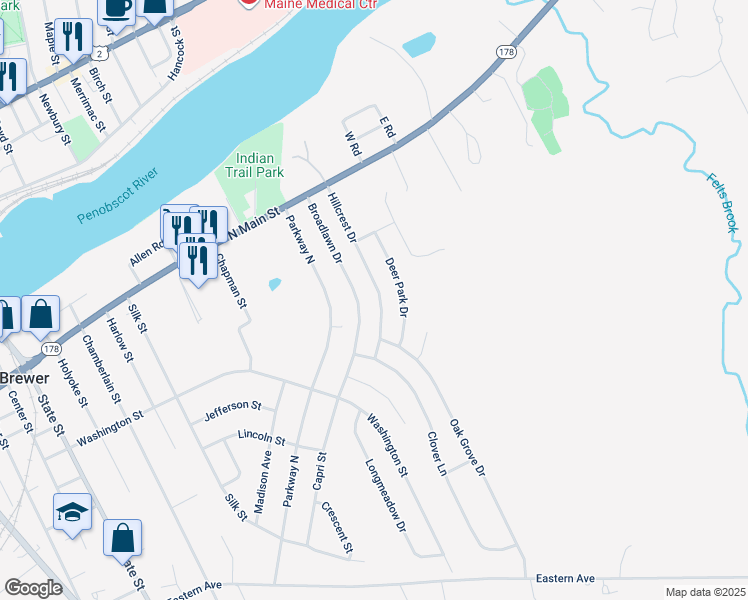 map of restaurants, bars, coffee shops, grocery stores, and more near 71 Hillcrest Drive in Brewer