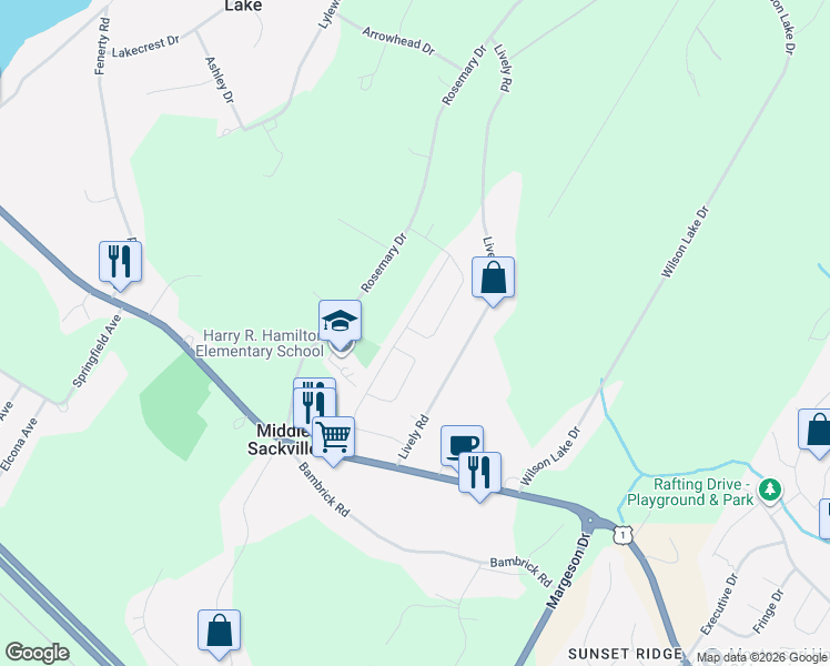 map of restaurants, bars, coffee shops, grocery stores, and more near 157 Marigold Drive in Middle Sackville