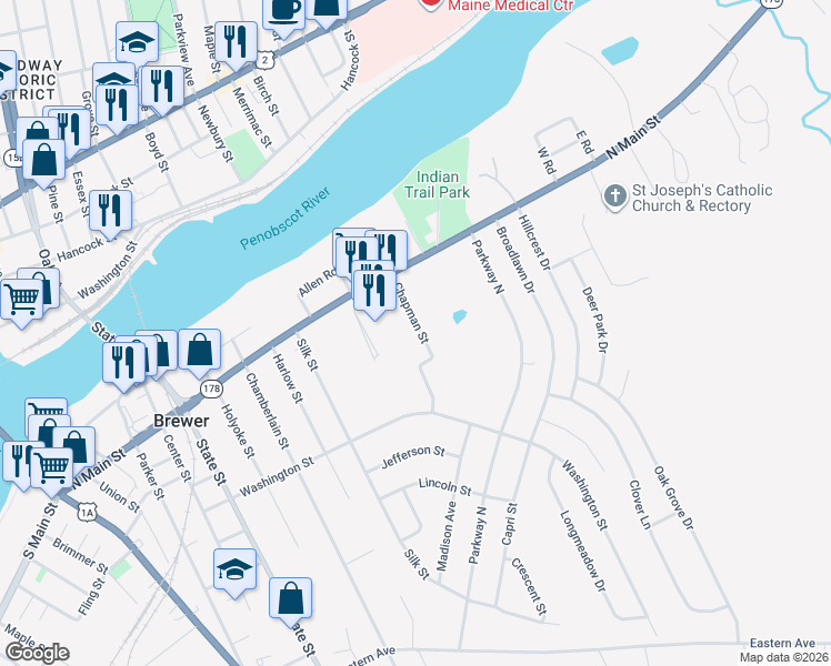 map of restaurants, bars, coffee shops, grocery stores, and more near 31 Chapman Street in Brewer