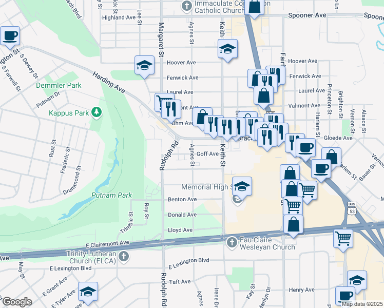 map of restaurants, bars, coffee shops, grocery stores, and more near Agnes Street in Eau Claire