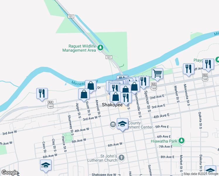 map of restaurants, bars, coffee shops, grocery stores, and more near 101 Fuller Street North in Shakopee
