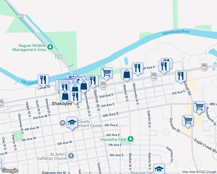 map of restaurants, bars, coffee shops, grocery stores, and more near 514 1st Avenue East in Shakopee