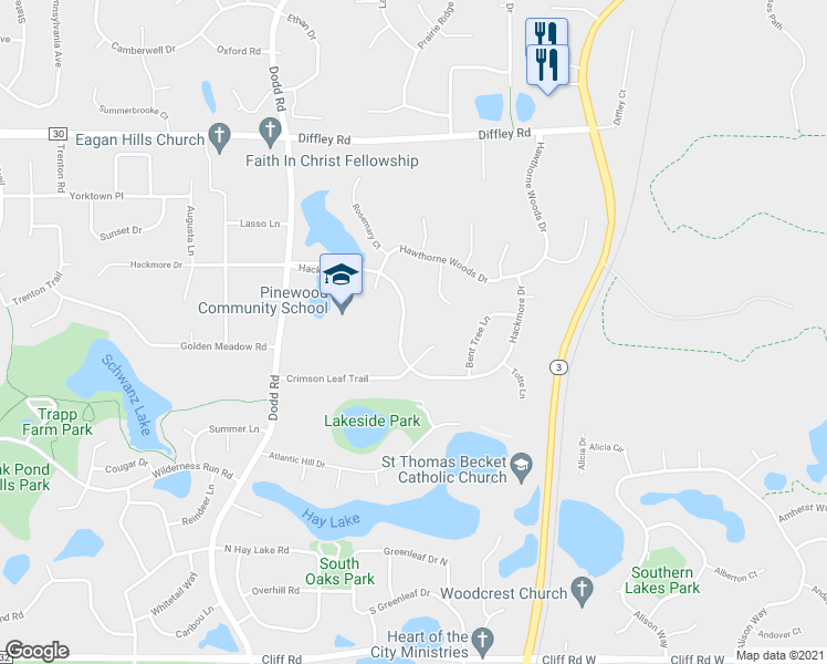 map of restaurants, bars, coffee shops, grocery stores, and more near 625 Hackmore Drive in Saint Paul