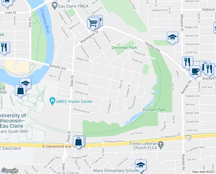 map of restaurants, bars, coffee shops, grocery stores, and more near 460 Lincoln Avenue in Eau Claire