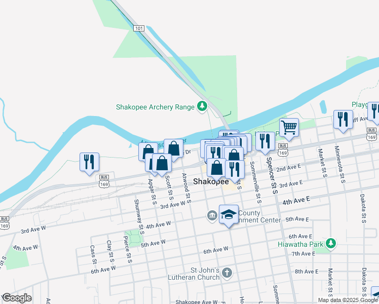 map of restaurants, bars, coffee shops, grocery stores, and more near 255 Levee Drive in Shakopee