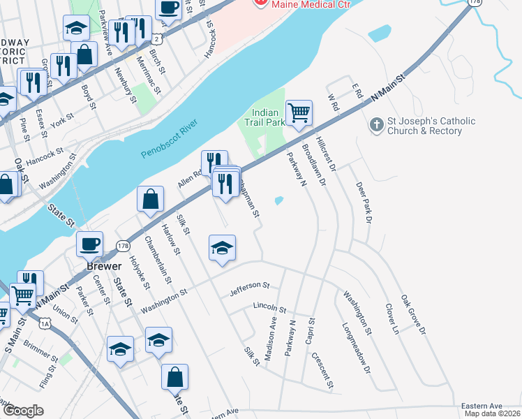 map of restaurants, bars, coffee shops, grocery stores, and more near 31 Chapman Street in Brewer