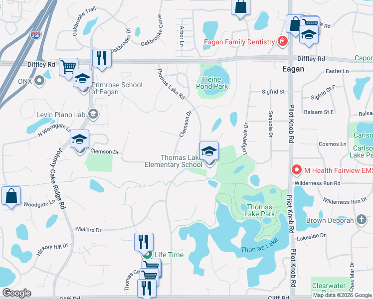 map of restaurants, bars, coffee shops, grocery stores, and more near 1554 Clemson Drive in Eagan