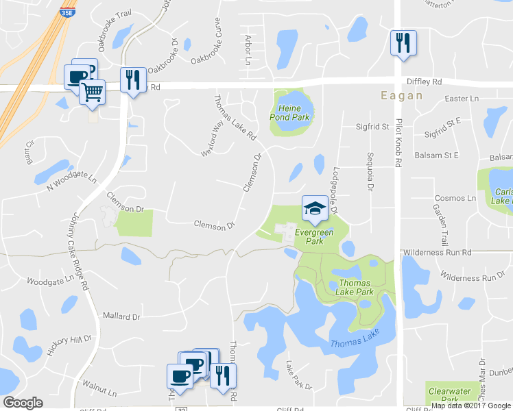 map of restaurants, bars, coffee shops, grocery stores, and more near 1554 Clemson Drive in Eagan