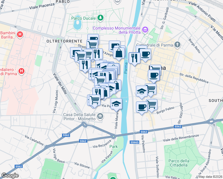 map of restaurants, bars, coffee shops, grocery stores, and more near 33 Vicolo Santa Caterina in Parma