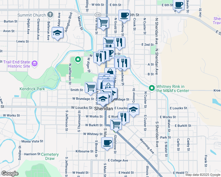 map of restaurants, bars, coffee shops, grocery stores, and more near in Sheridan