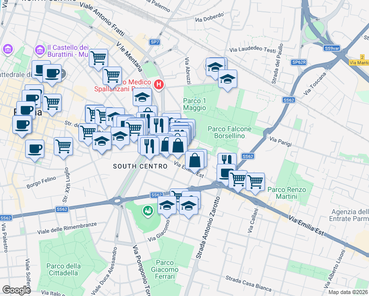 map of restaurants, bars, coffee shops, grocery stores, and more near Largo Fausto Bocchi in Parma