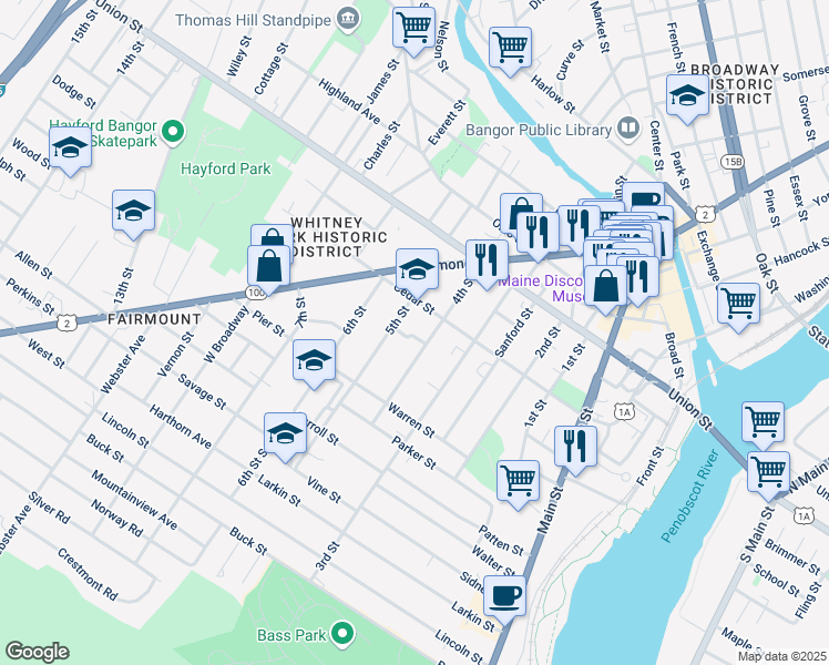 map of restaurants, bars, coffee shops, grocery stores, and more near 88 4th Street in Bangor