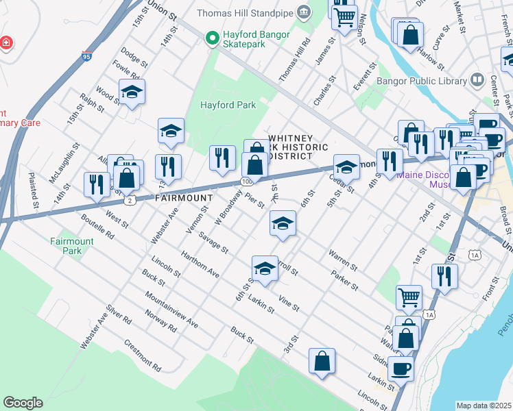 map of restaurants, bars, coffee shops, grocery stores, and more near 43 Pier Street in Bangor