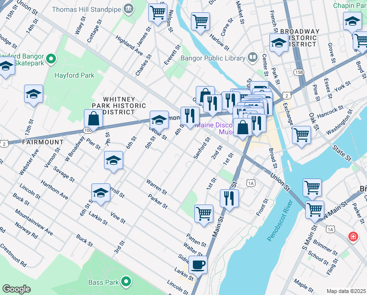 map of restaurants, bars, coffee shops, grocery stores, and more near 54 3rd Street in Bangor