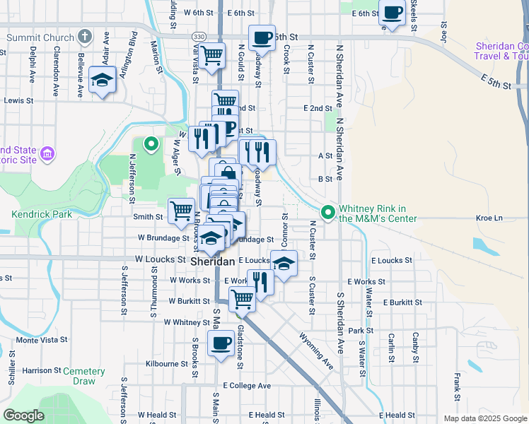 map of restaurants, bars, coffee shops, grocery stores, and more near 161 North Scott Street in Sheridan