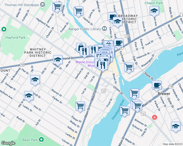 map of restaurants, bars, coffee shops, grocery stores, and more near 148 Union Street in Bangor