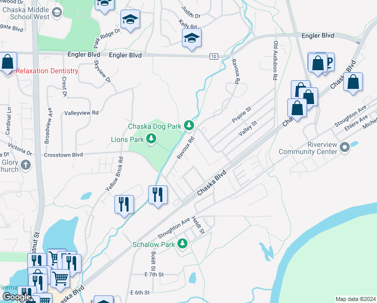 map of restaurants, bars, coffee shops, grocery stores, and more near 605 Ravoux Road in Chaska