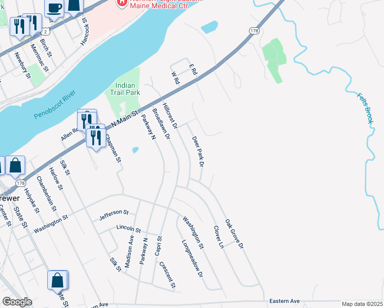 map of restaurants, bars, coffee shops, grocery stores, and more near 71 Hillcrest Drive in Brewer