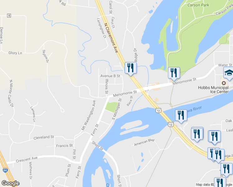 map of restaurants, bars, coffee shops, grocery stores, and more near 1414 Menomonie Street in Eau Claire