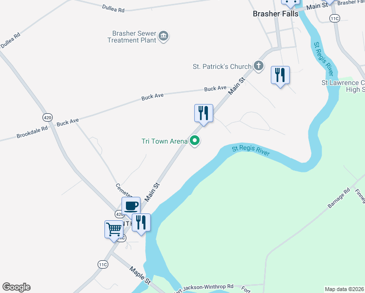 map of restaurants, bars, coffee shops, grocery stores, and more near 778 Main St in Brasher Falls
