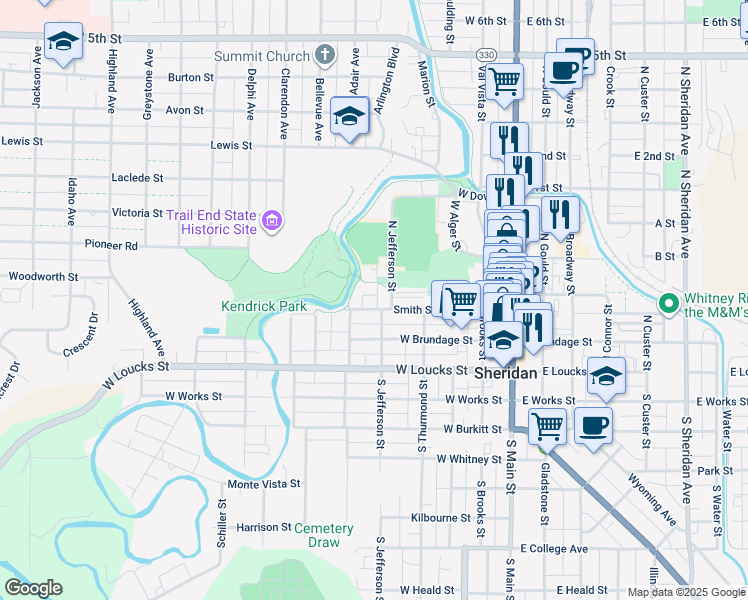 map of restaurants, bars, coffee shops, grocery stores, and more near 426 Smith Street in Sheridan