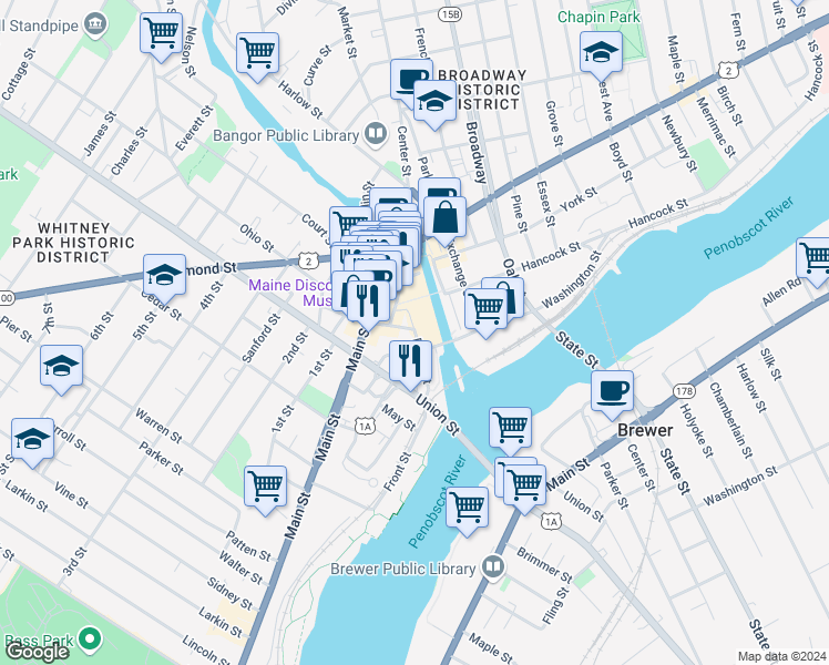 map of restaurants, bars, coffee shops, grocery stores, and more near 23 Water Street in Bangor