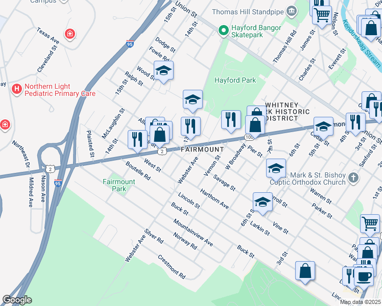 map of restaurants, bars, coffee shops, grocery stores, and more near 32 East Street in Bangor
