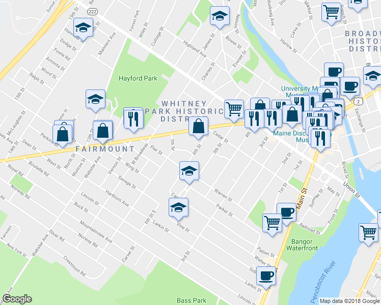 map of restaurants, bars, coffee shops, grocery stores, and more near 8 William St in Bangor