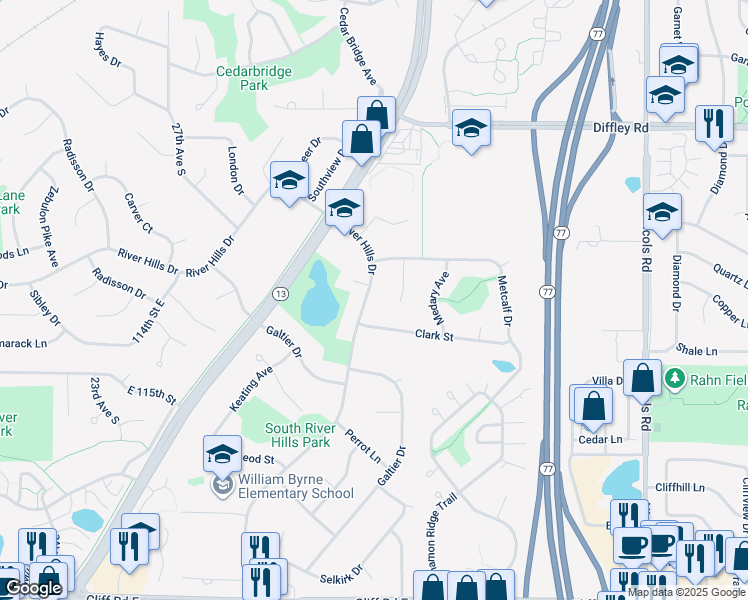 map of restaurants, bars, coffee shops, grocery stores, and more near 11301 River Hills Drive in Burnsville